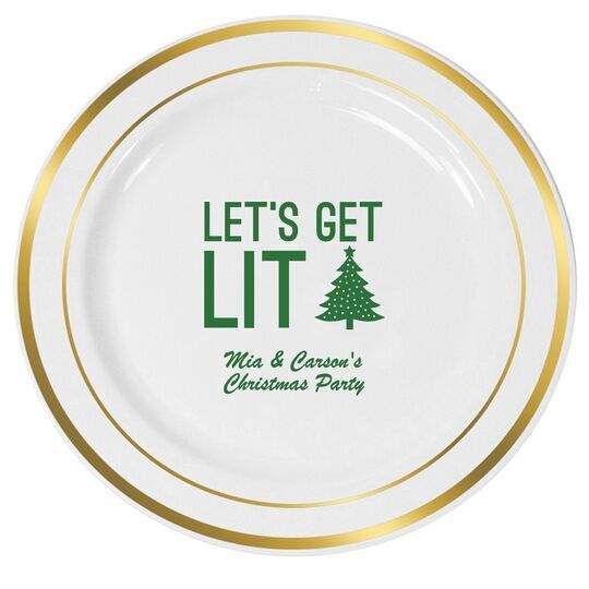 Let's Get Lit Christmas Tree Premium Banded Plastic Plates